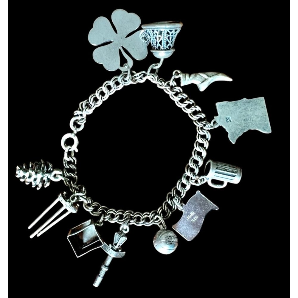 Sterling Silver Charm Bracelet W/ Pinecone Mug Clover & State Charms VTG 6.25” L